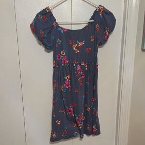 Three Hearts Blue Dress with Red Floral Pattern